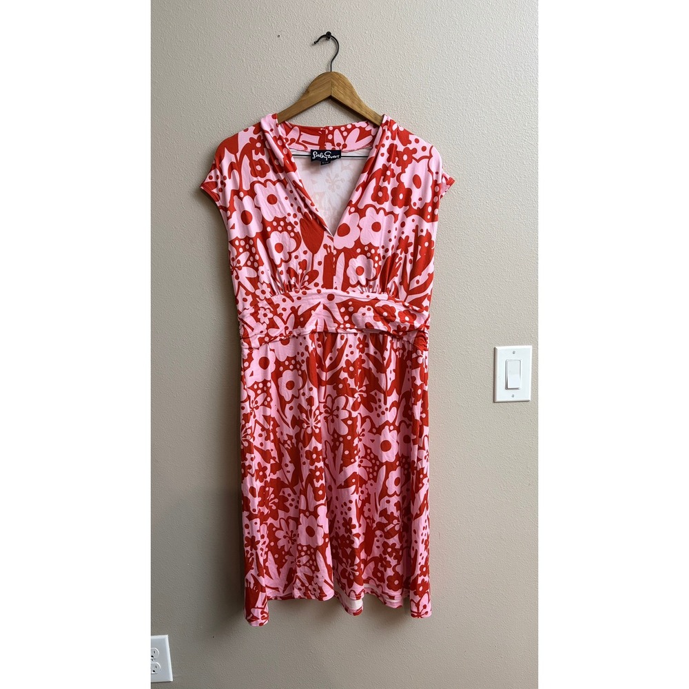 Lesley Evers Dress Large Pink Red Floral V-Neck Retro Mod Cap Sleeve Jersey